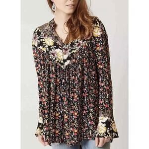 Free People Large Wildflower Fields Henley Tunic Oversized Boho Flowy Blouse